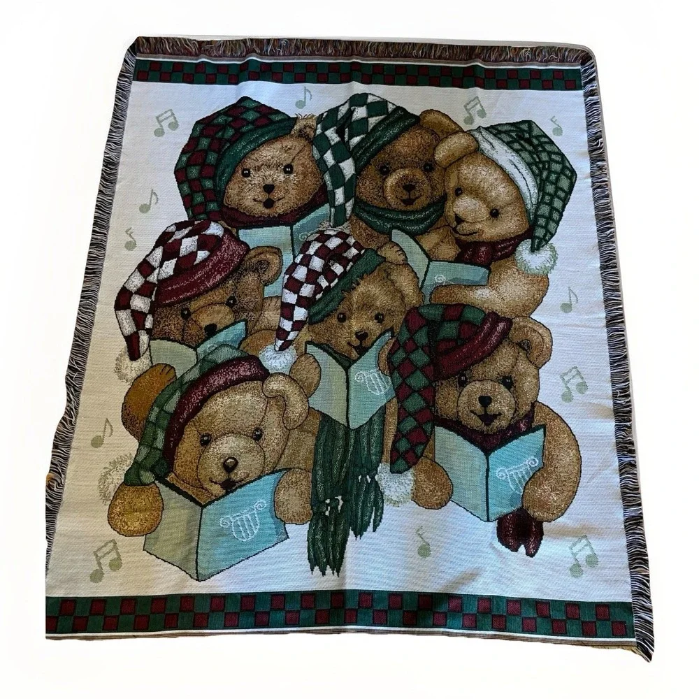 90's American Weavers Made In USA Christmas Tapestry Throw Blanket Teddy Bears‎